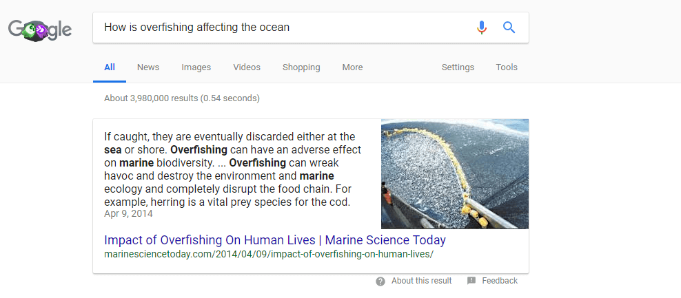 Google Featured Snippet example: How is overfishing affecting the ocean