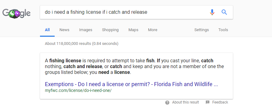 Google Featured Snippet example: Do I need a fishing license if I catch and release?