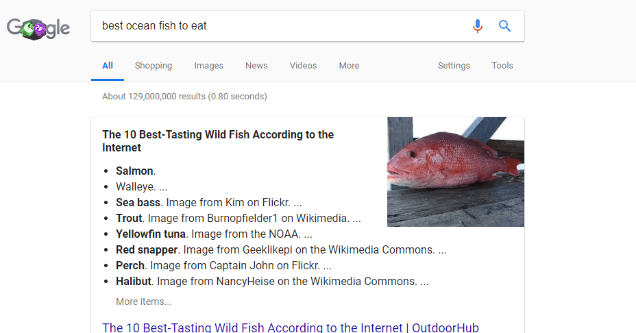Google Featured Snippet example: best ocean fish to eat