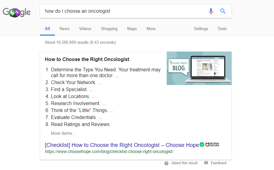 Google Featured Snippet: How do I choose an oncologist?