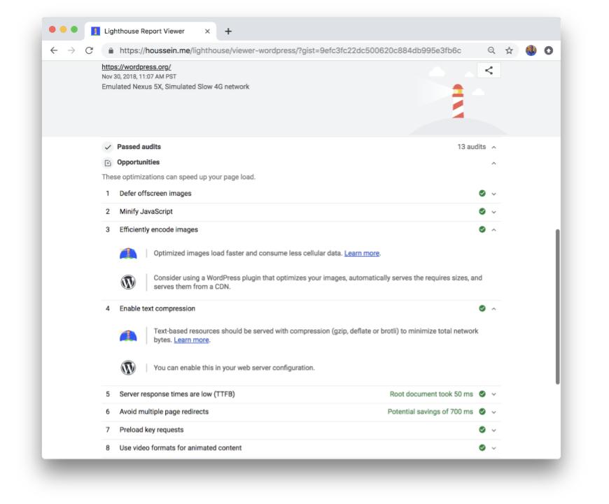 stack specific speed recommendations in Chrome Lighthouse Audits