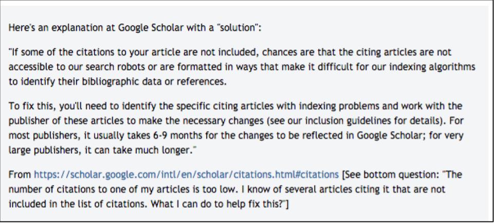 "If some of the citations to your article are not included, chances are that the citing articles are not accessible to our search robots or are formatted in ways that make it difficult for our indexing algorithms to identify their bibliographic data or reference...