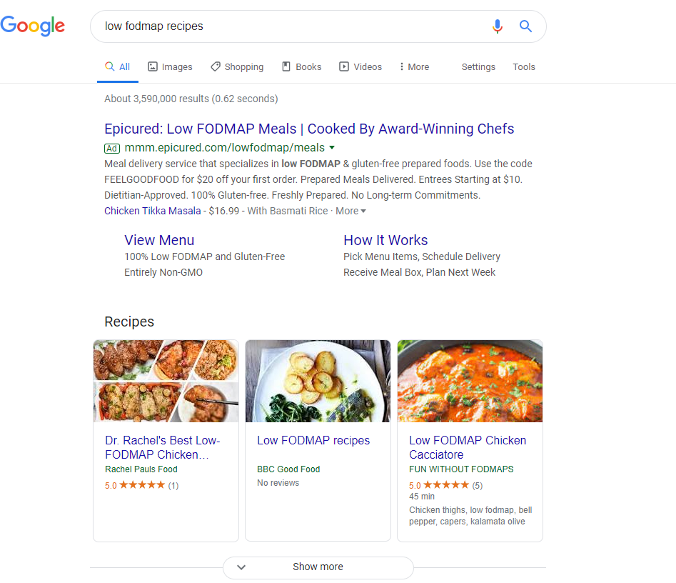 Screen shot with search Low Fodmap recipes